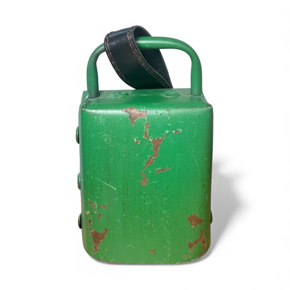 🎒BTS SALE📚 Antique Inspired Large Green Metal Cow Bell with Handle & Leather Han
